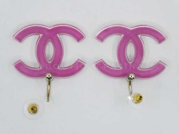 Chanel 07P Vintage Clear and Pink CC Logo Resin Drop Earrings