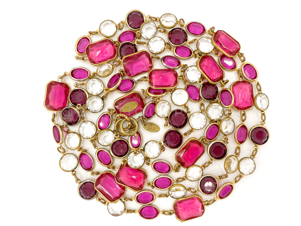 Chanel 1984 Vintage Pink Violet and White Chicklet Sautoir Crystal Necklace