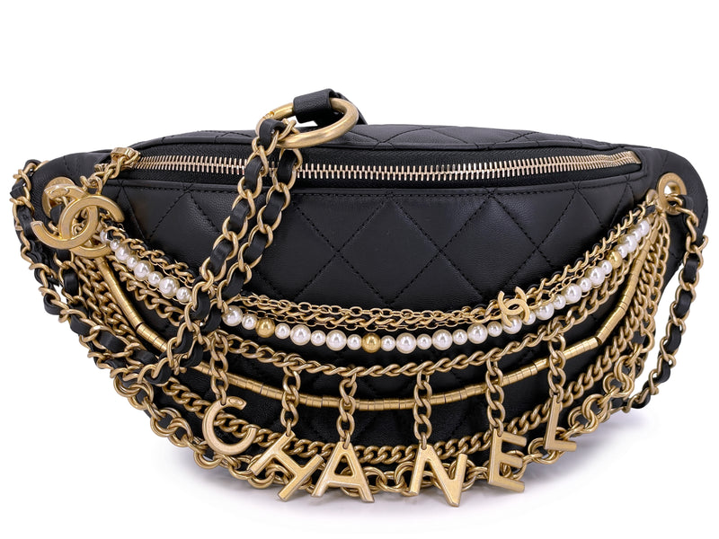 Chanel 19A Black All About Chains Pearl Fanny Pack Bag GHW 1LP