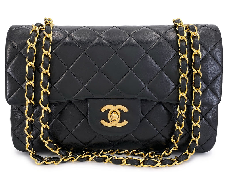 Chanel 1990 Vintage Black Lambskin Small Classic Double Flap Bag 24k GHW AGE