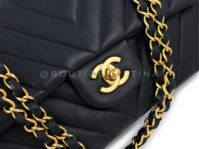 Chanel Vintage Medium Classic Flap Bag Chevron 1991 Black Double 24k GHW