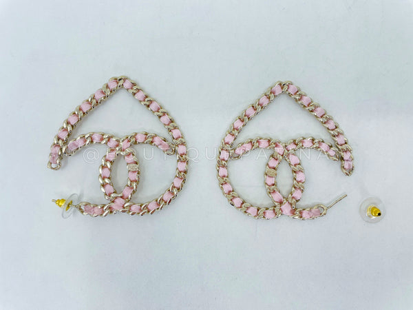 Chanel 09C Pink Woven Chain CC Logo Heart Hoop Earrings