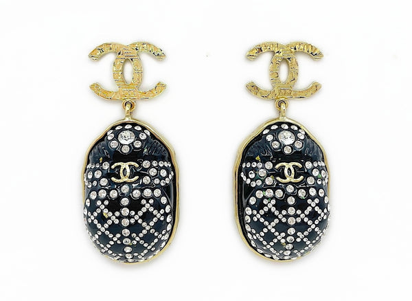 Chanel 19A Egypt Black Crystal Scarab Drop CC Earrings Gold E6W