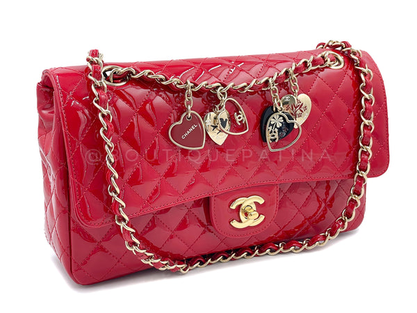 Pristine Chanel Red Patent Valentines Heart Charm Medium Classic Flap Bag