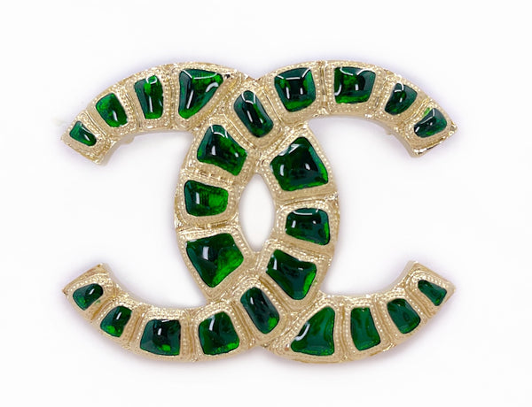 Chanel 19A Egypt Green Crocodile Print Gold Brooch Paris-New York YE7