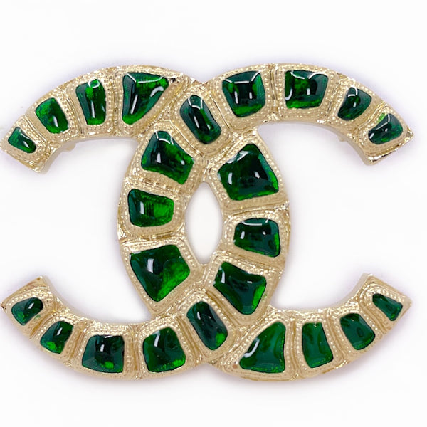 Chanel 19A Egypt Green Crocodile Print Gold Brooch Paris-New York
