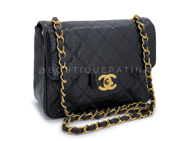Chanel 1993 Vintage Black Lizard Square Mini Flap Bag 24k GHW