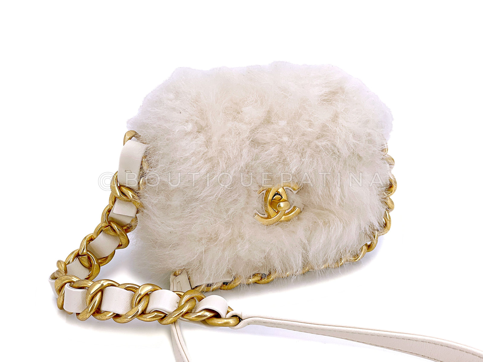 Chanel Fur Mini Flap Bag White Ivory Crossbody Chunky Chain Ido