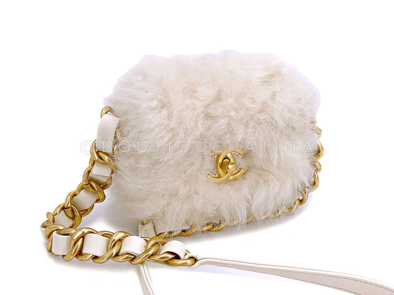 Chanel White Ivory Fur Mini Crossbody Flap Bag Chunky Chain
