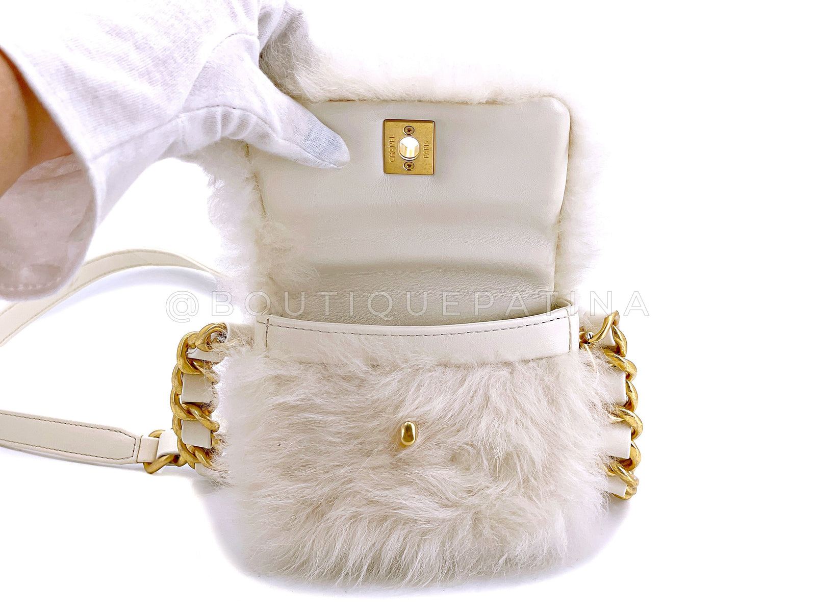 Chanel Fur Mini Flap Bag White Ivory Crossbody Chunky Chain IDO Boutique Patina