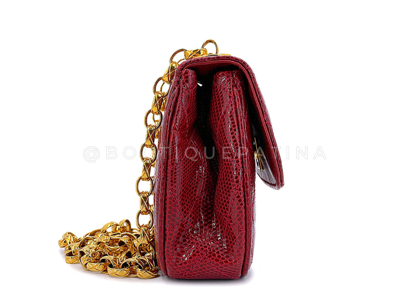 Rare Chanel 1980s Vintage Red Lizard Etched Chain Round Mini Flap Bag
