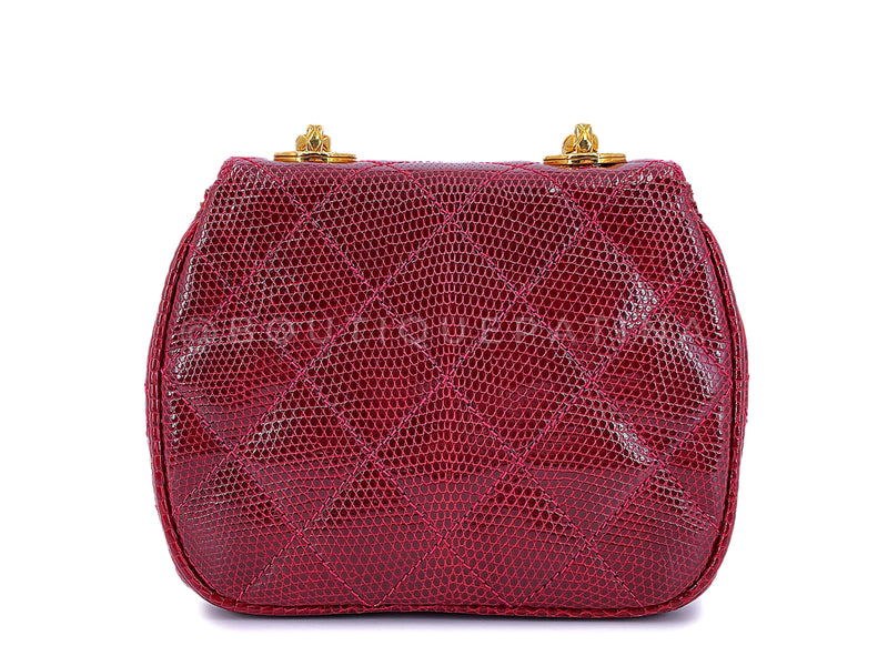 Rare Chanel 1980s Vintage Red Lizard Etched Chain Round Mini Flap Bag