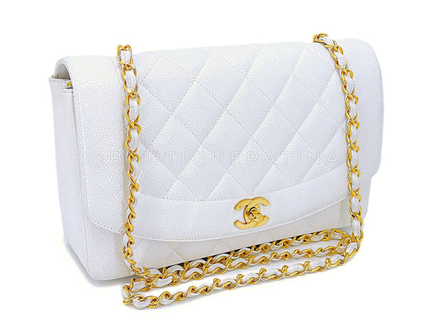 Chanel Vintage 1992 White Caviar Medium Diana Flap Bag 24k GHW