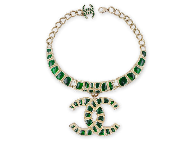 Chanel 19A Egypt Giant Green Crocodile Print Gold Choker Necklace Paris-New York DLQ