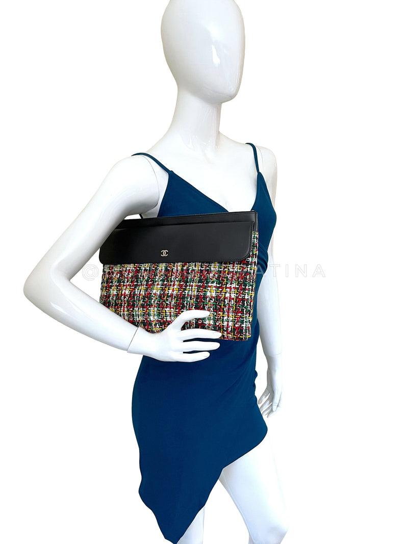 Chanel Plaid Tweed Lambskin Flap Large O Case Clutch Bag