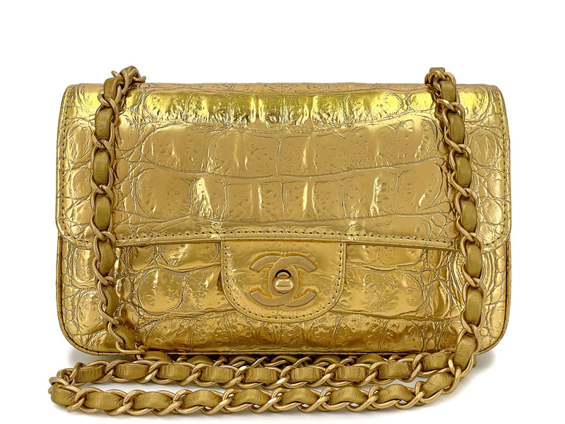 Chanel 19A Gold Crocodile Print Egyptian Mini Flap Bag GHW Paris-New York DG1