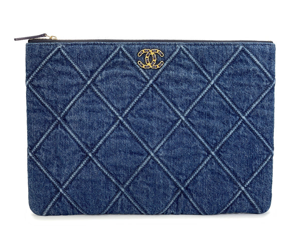 Chanel 19 Blue Denim Large O Case Clutch Bag GHW 6EX
