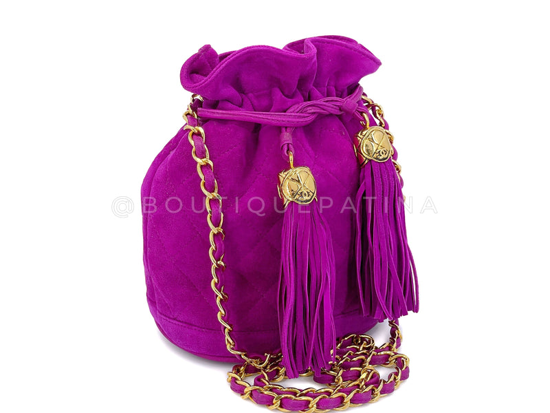 Rare Chanel 1990 Pink-Purple Suede Mini Drawstring Bucket Bag 24k
