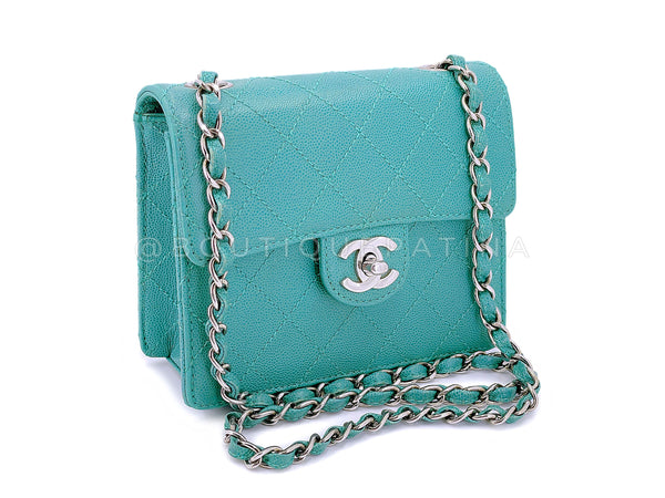 Rare Chanel 1997 Vintage Teal Blue-Green Caviar Square Mini Flap Bag SHW