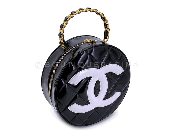 Vintage Chanel Round Vanity Bag Black and White Patent Leather