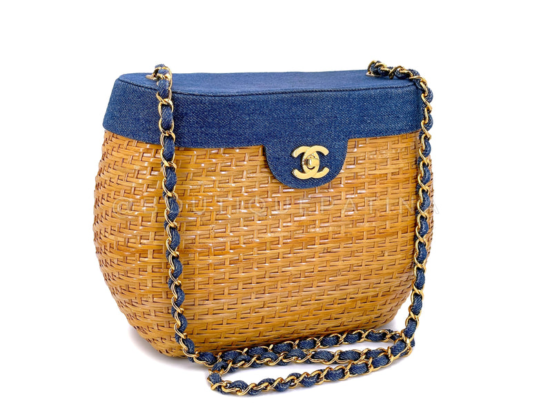 Chanel Vintage Denim and Wicker Round Basket Bag 24k GHW