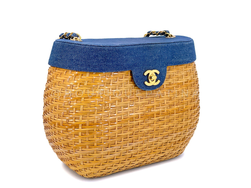 Chanel Vintage Denim and Wicker Round Basket Bag 24k GHW