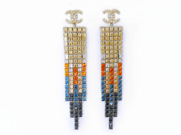 Chanel 19A Egypt Crystal Mesh Rainbow Strass Earrings Paris-New York 5-Row Large YY3