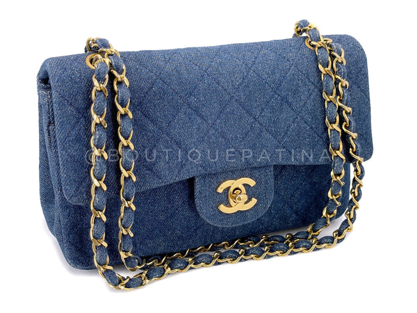 Chanel 1990 Vintage Blue Denim Small Classic Double Flap Bag 24k GHW