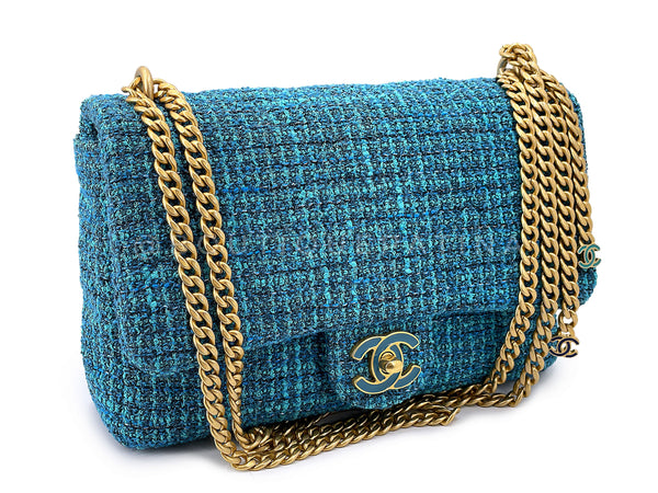 Chanel Rare Teal Blue Tweed Enamel CC Tassel Classic Flap Bag GHW