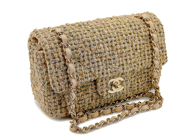 Chanel Caramel Beige Gold Tweed Rectangular Mini Flap Bag GHW