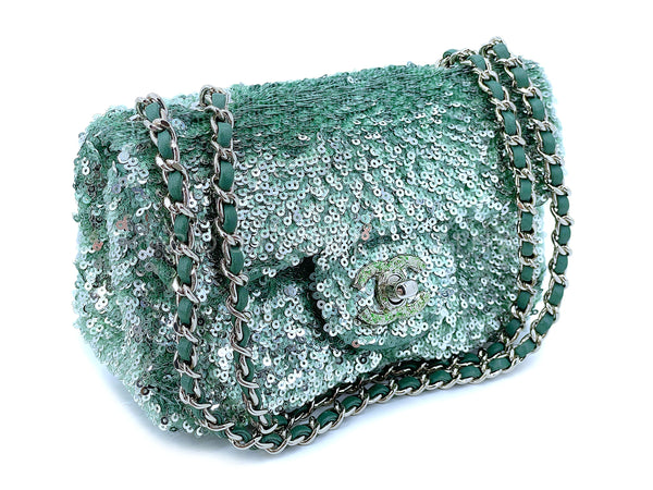 Rare Chanel Mermaid Green Sequins Mini Flap Bag Etched CC SHW