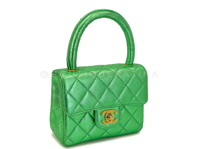 Chanel 1994 Vintage Parent Child Bag Kelly Flap Set Metallic Green