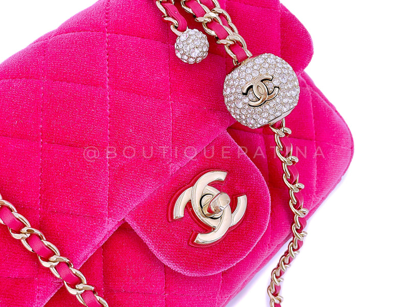 Chanel Pink Fuchsia Velvet Pearl Crush Crystal Charm Mini Flap Bag GHW