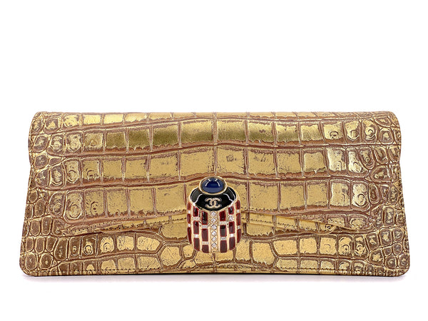 Chanel 19A Paris-New York Egypt Scarab Gold Crocodile Print Clutch