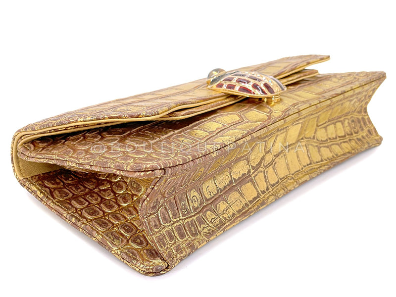 Chanel 19A Paris-New York Egypt Scarab Gold Crocodile Print Clutch Bag TI9