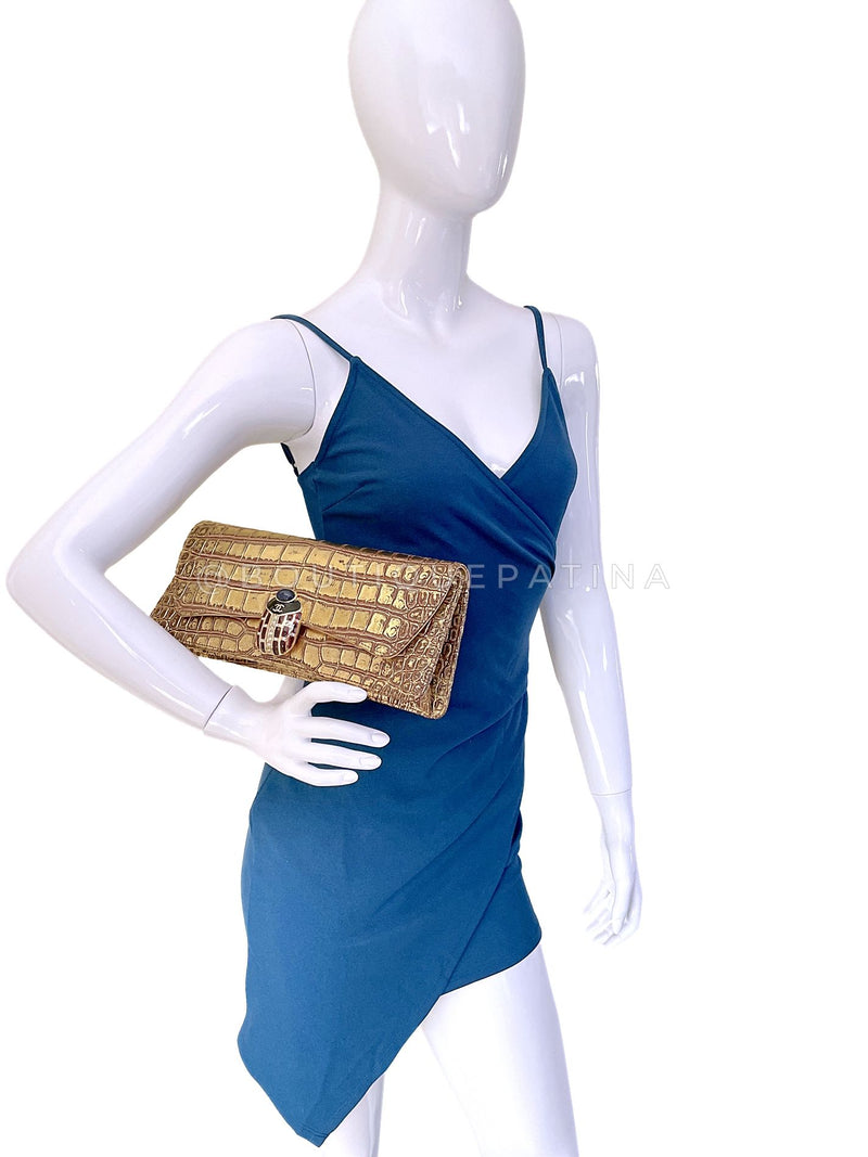 Chanel 19A Paris-New York Egypt Scarab Gold Crocodile Print Clutch Bag TI9