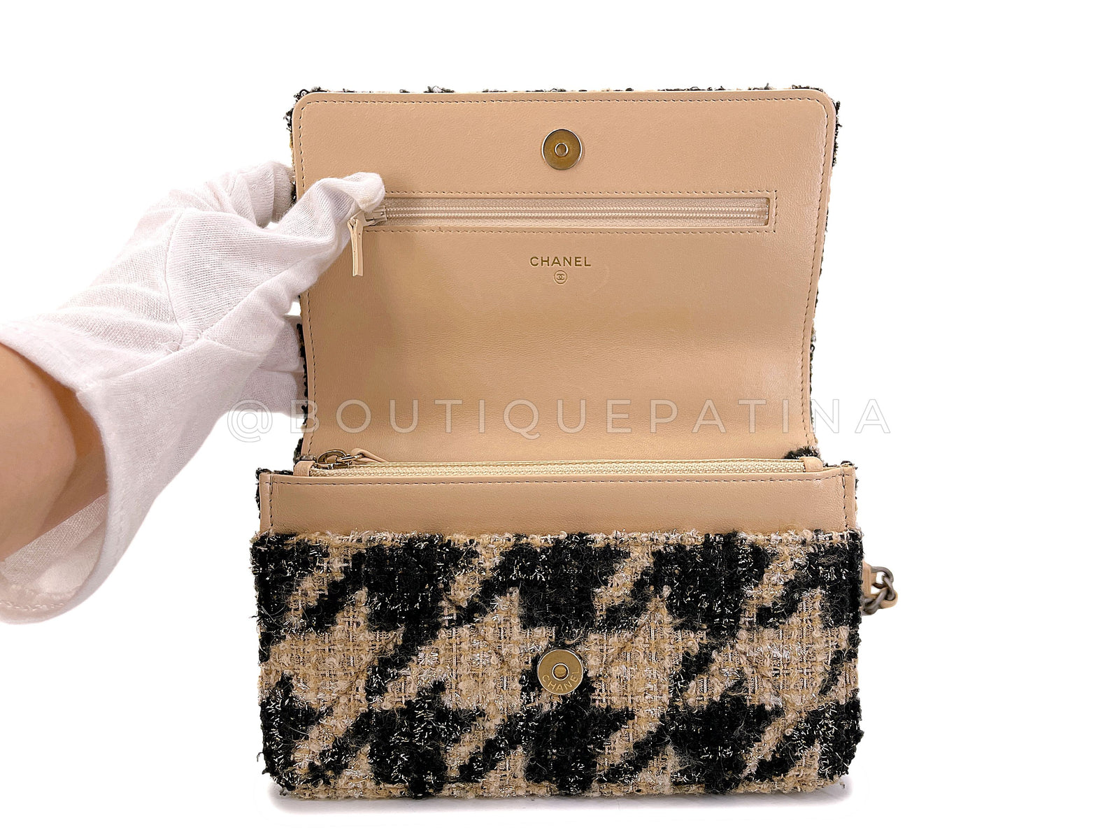 Chanel 19 19K Beige-Black Houndstooth Wallet on Chain WOC Bag Set