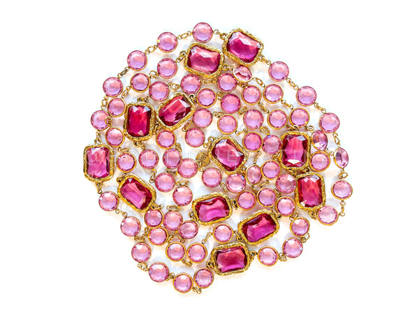 Chanel 1981 Vintage Rose Pink Crystal Chicklet Sautoir Station Strand Necklace