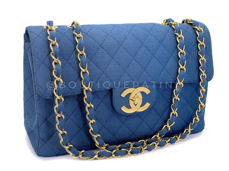 Chanel 1994 Vintage Dark Blue Linen Canvas Classic Maxi Flap Bag 24k GHW