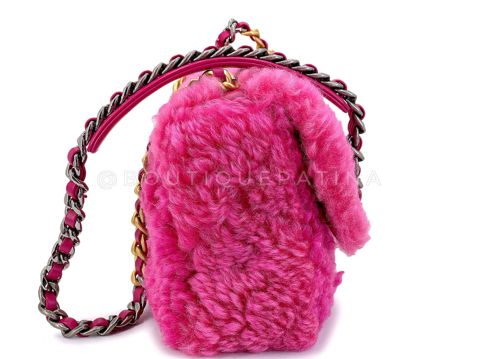 Chanel 19 Pink Shearling Fur Small Medium Flap Bag Boutique Patina