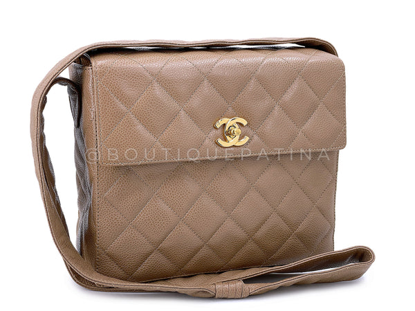 Rare Chanel 1996 Taupe Beige Caviar Quilted Box Camera Bag 24k GHW
