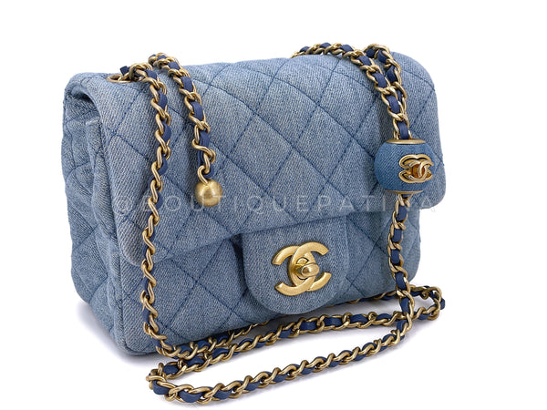 Chanel 22C Blue Denim Pearl Crush Square Mini Flap Bag GHW