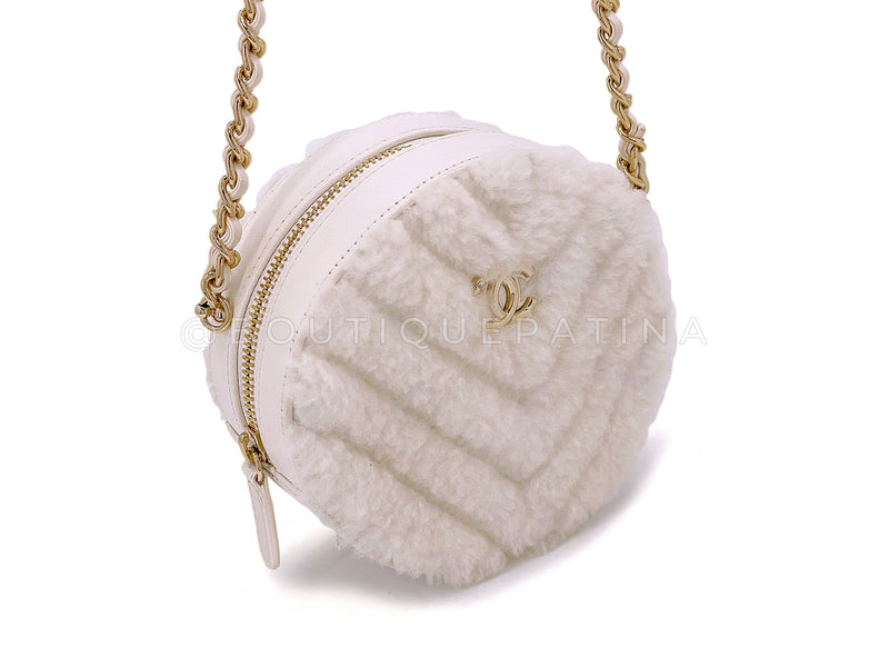 Chanel 2019 White Shearling Chevron Fur Mini Round Drum Bag GHW