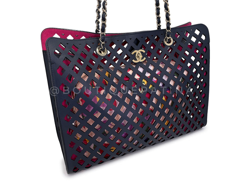 Chanel Black Fuchsia Pink Diamond Cutout Shopper Tote Bag