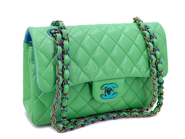 Chanel 2021 Green Small Classic Double Flap Bag Rainbow HW