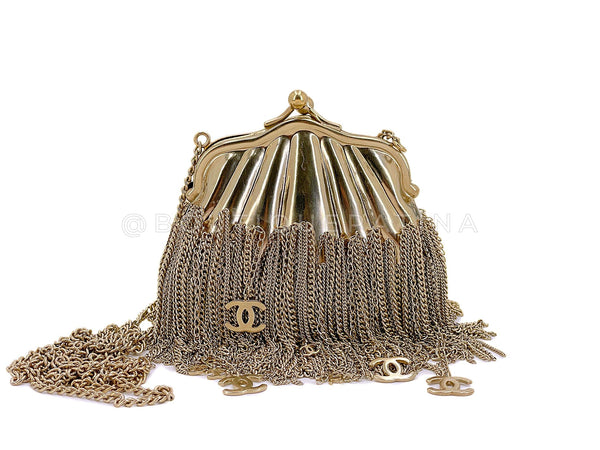 Chanel 2004 Vintage Gold Plated CC Fringe Minaudière Kisslock Clutch Bag