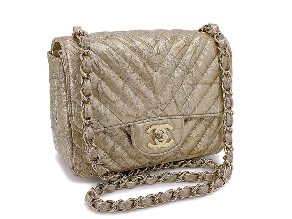 Chanel 18S Distressed Gold Crumpled Calf Patent Chevron Square Mini Flap Bag