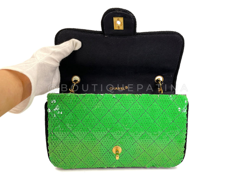 Chanel 1991 Vintage Iridescent Green Sequin Medium Flap Bag 24k GHW BL5