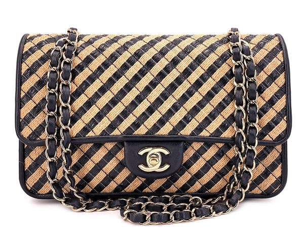 Chanel Straw Raffia Medium Urban Jungle Classic Flap Bag Black Beige GHW