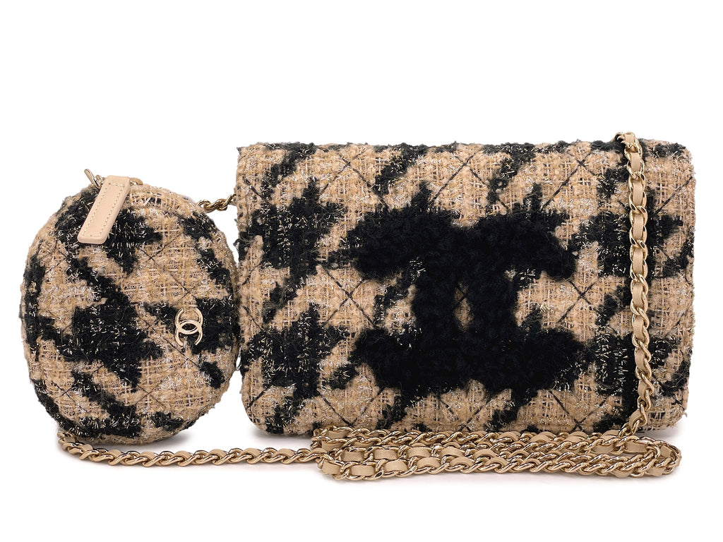 Chanel Houndstooth WOC Tweed Beige Black Wallet on Chain 19A Set